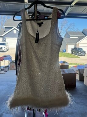 PrettyLittleThing White Sequin Mini Dress with Feather Hem